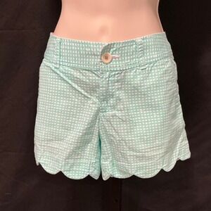 Lilly Pulitzer Buttercup Shorts 4 Green Blue Gingham Scalloped Hem Cotton Summer
